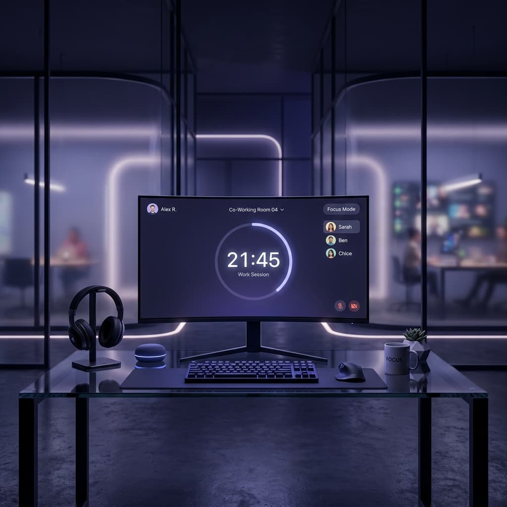 A minimalist digital workspace illustration with a glowing Pomodoro timer.