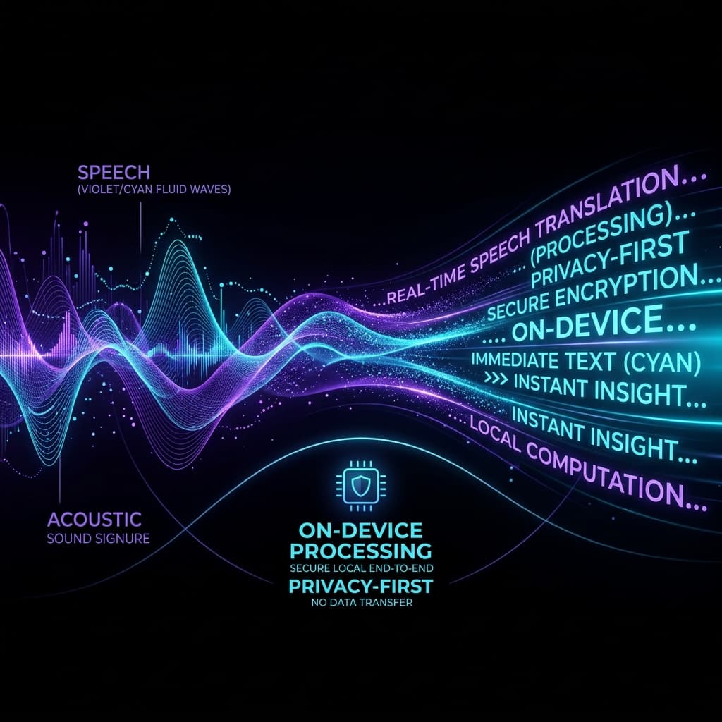 An abstract visualization of sound waves being transformed into real-time translated text.