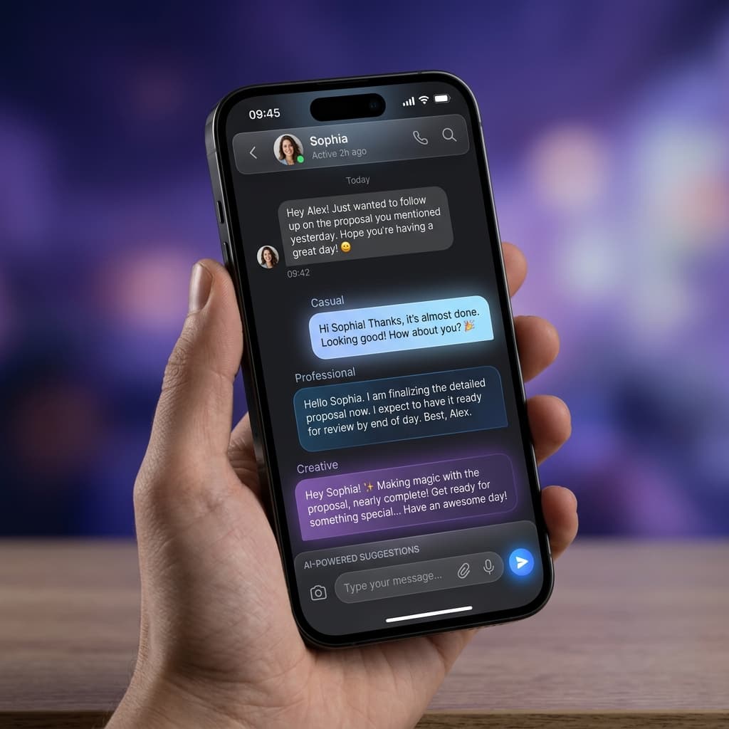 A mobile app mockup showing AI-generated message suggestions with different tones.