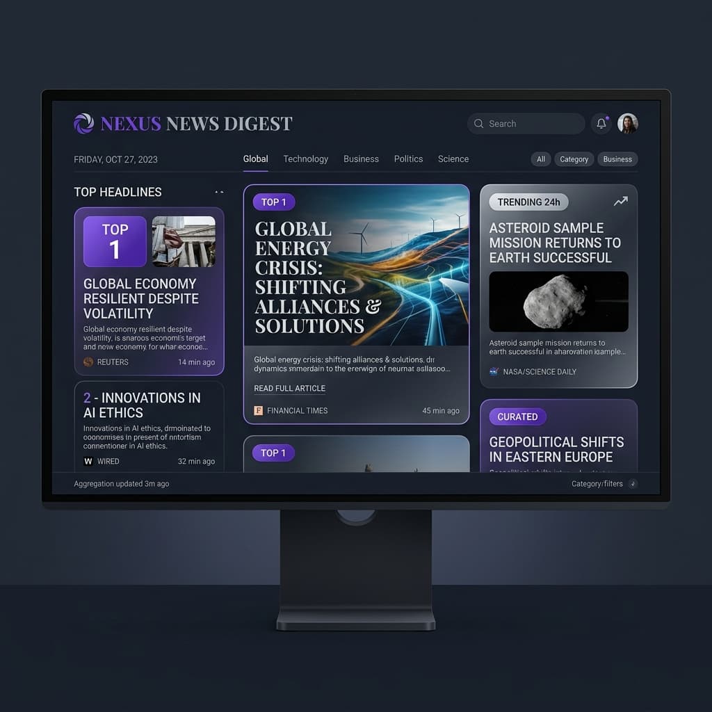 A sophisticated news dashboard showing summarized headlines and trending rankings.